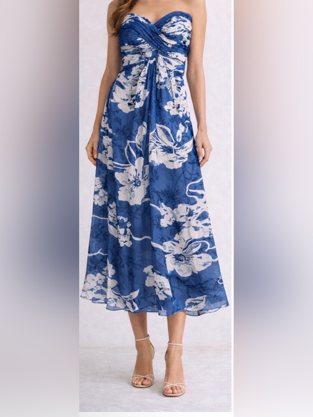 Tadashi Shoji Silk Strapless Floral Midi Dress Blue Pleated Formal 4